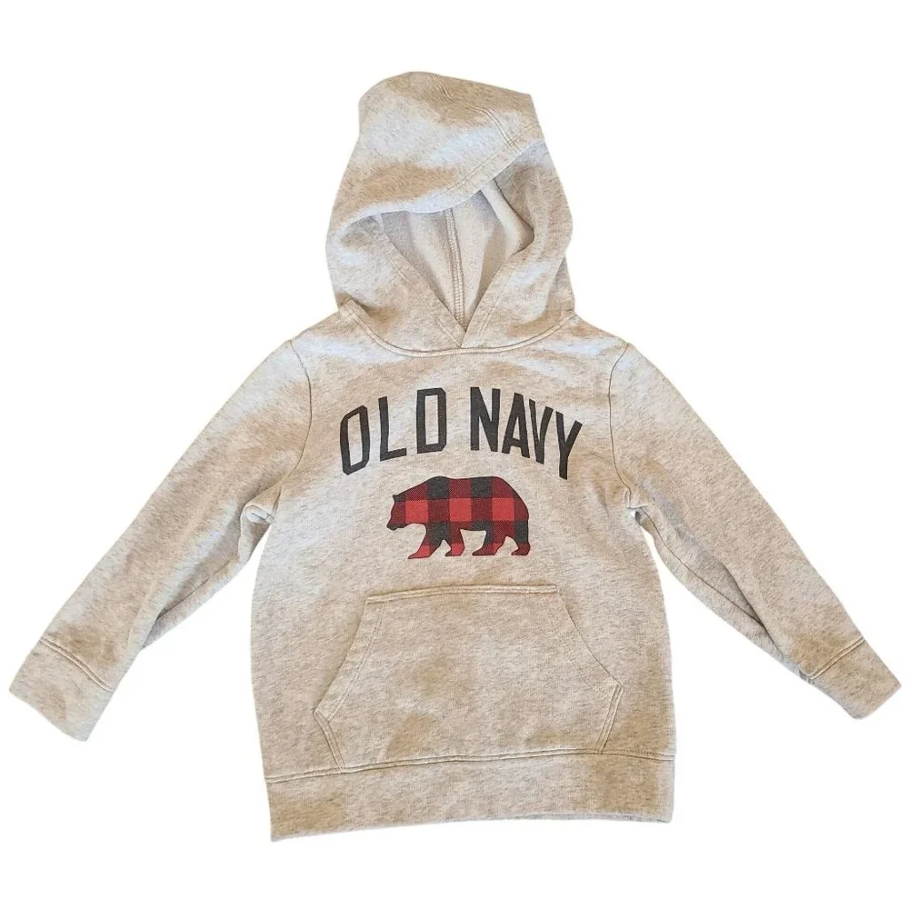 Old Navy Toddler Hoodie 4T Heather Gray Red Buffalo Plaid Bear Kangaroo Pocket